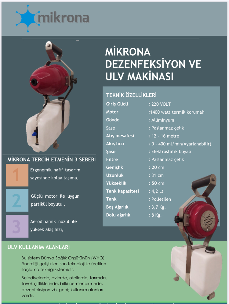MİKRONA EL TİPİ ULV MAKİNASI-SOĞUK SİSLEME-DEZENFEKTAN UYGULAMA